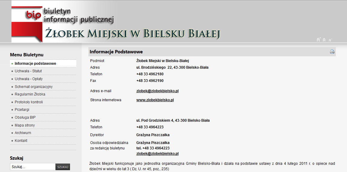 Biuletyn Informacji Publicznej dla Żłobka Miejskiego w Bielsku-Białej
